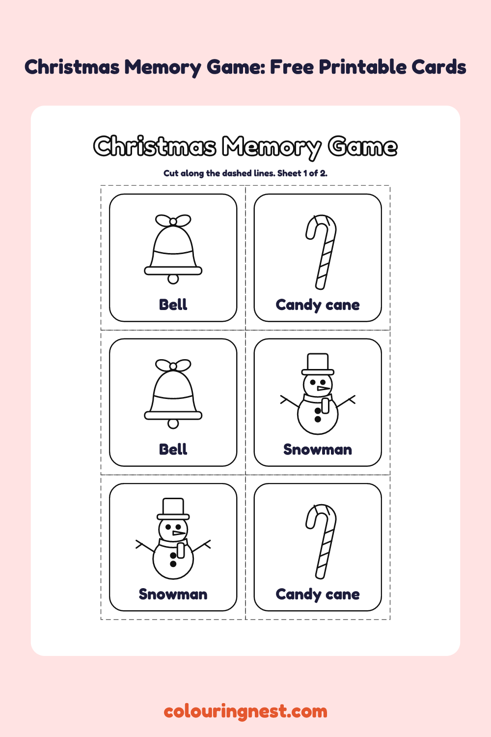 Christmas Memory Game for Preschool (6 Pairs): printable matching cards with pictures and names to colour and cut out