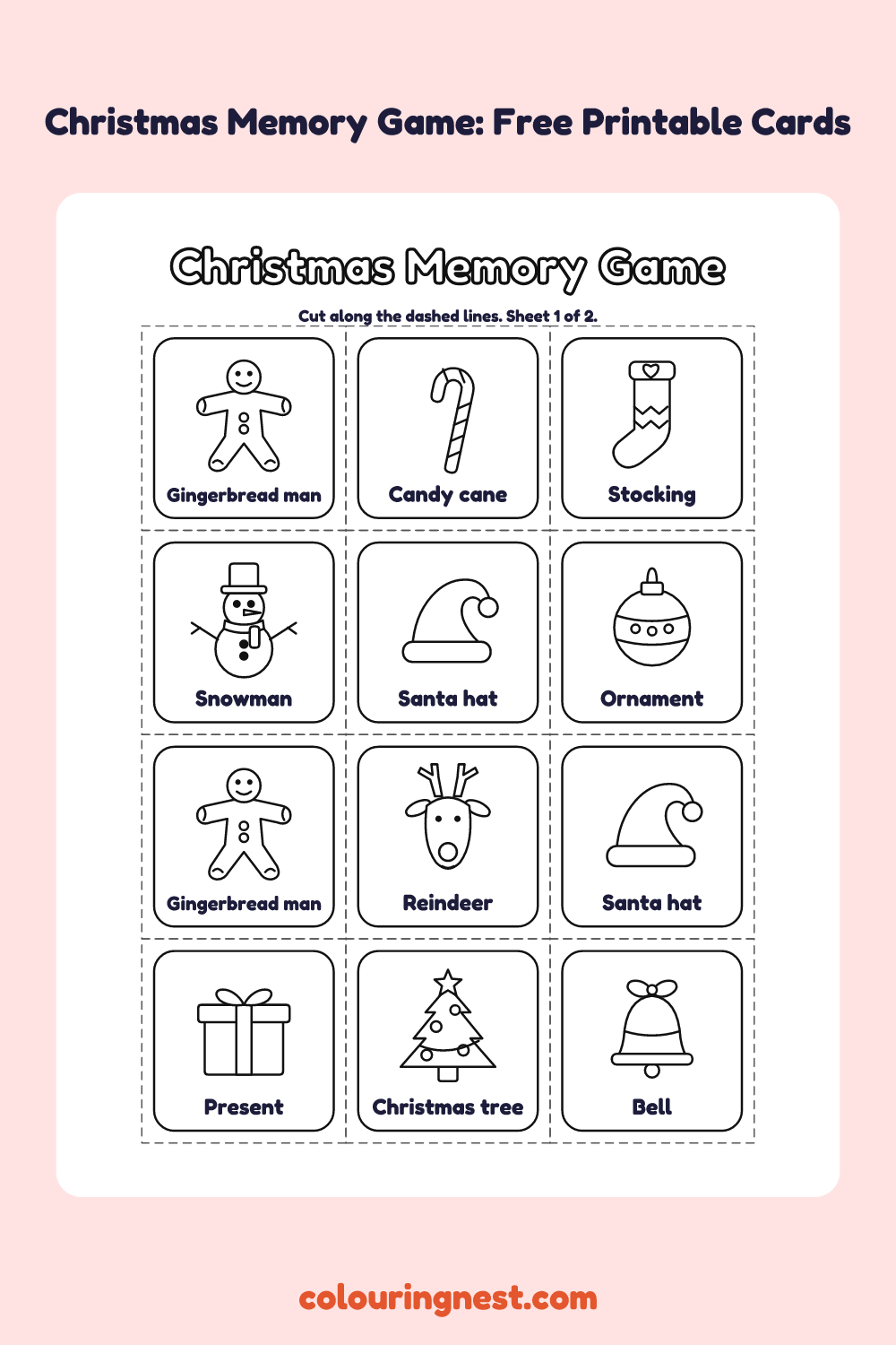 Christmas Memory Game (12 Pairs): printable matching cards with pictures and names to colour and cut out