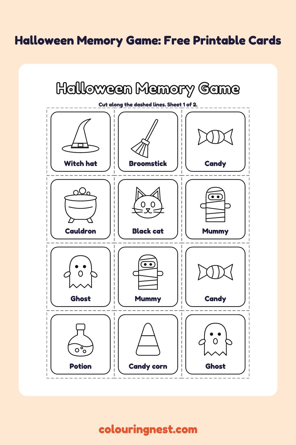 Halloween Memory Game (12 Pairs): printable matching cards with pictures and names to colour and cut out