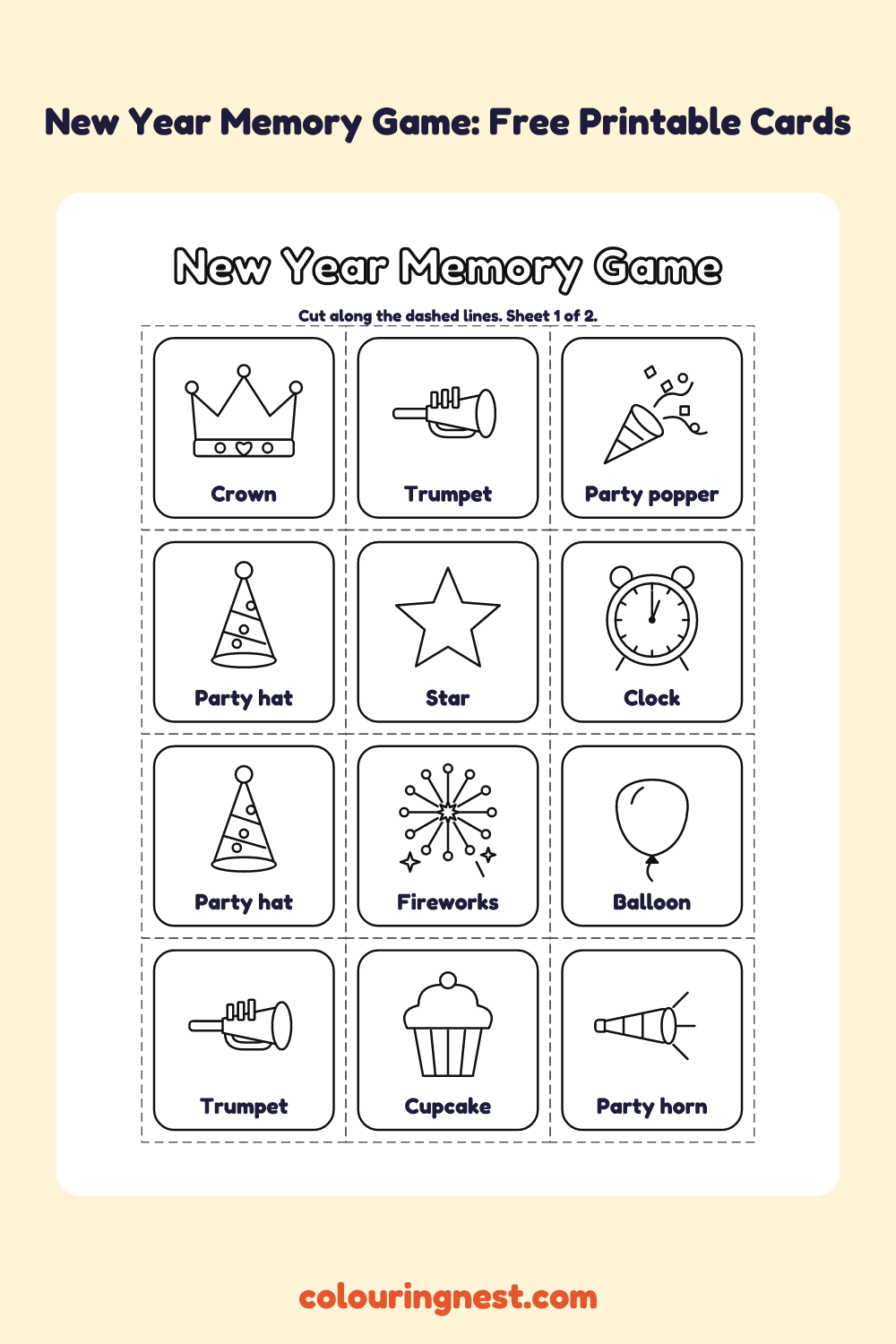 New Year Memory Game (12 Pairs): printable matching cards with pictures and names to colour and cut out