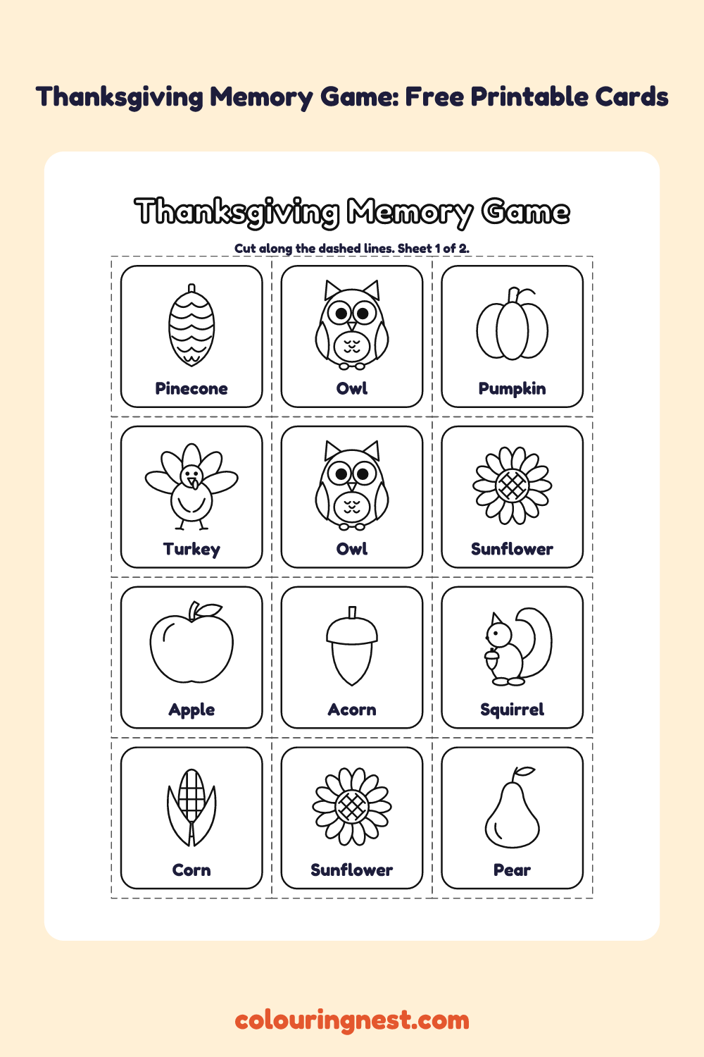 Thanksgiving Memory Game (12 Pairs): printable matching cards with pictures and names to colour and cut out