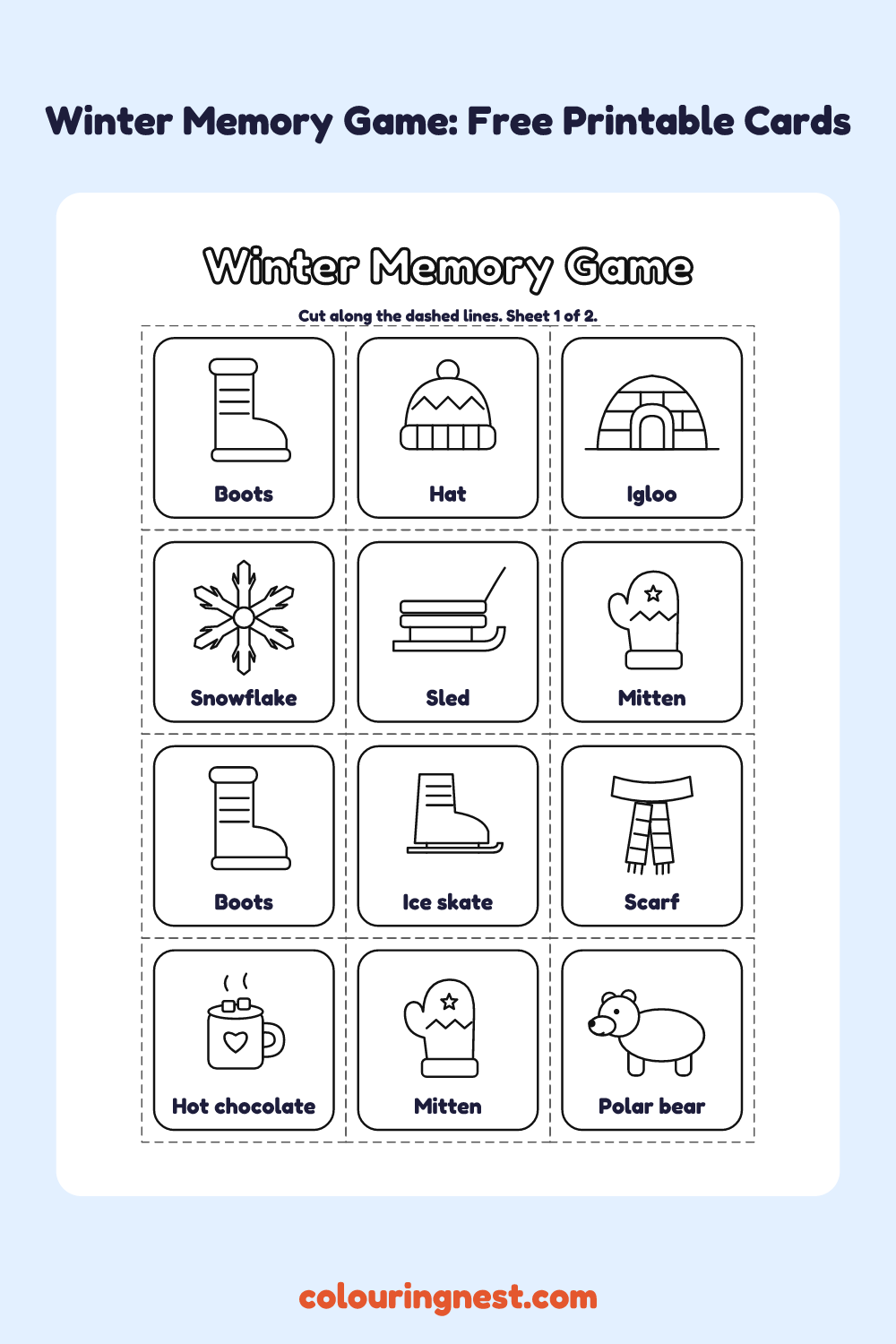 Winter Memory Game (12 Pairs): printable matching cards with pictures and names to colour and cut out