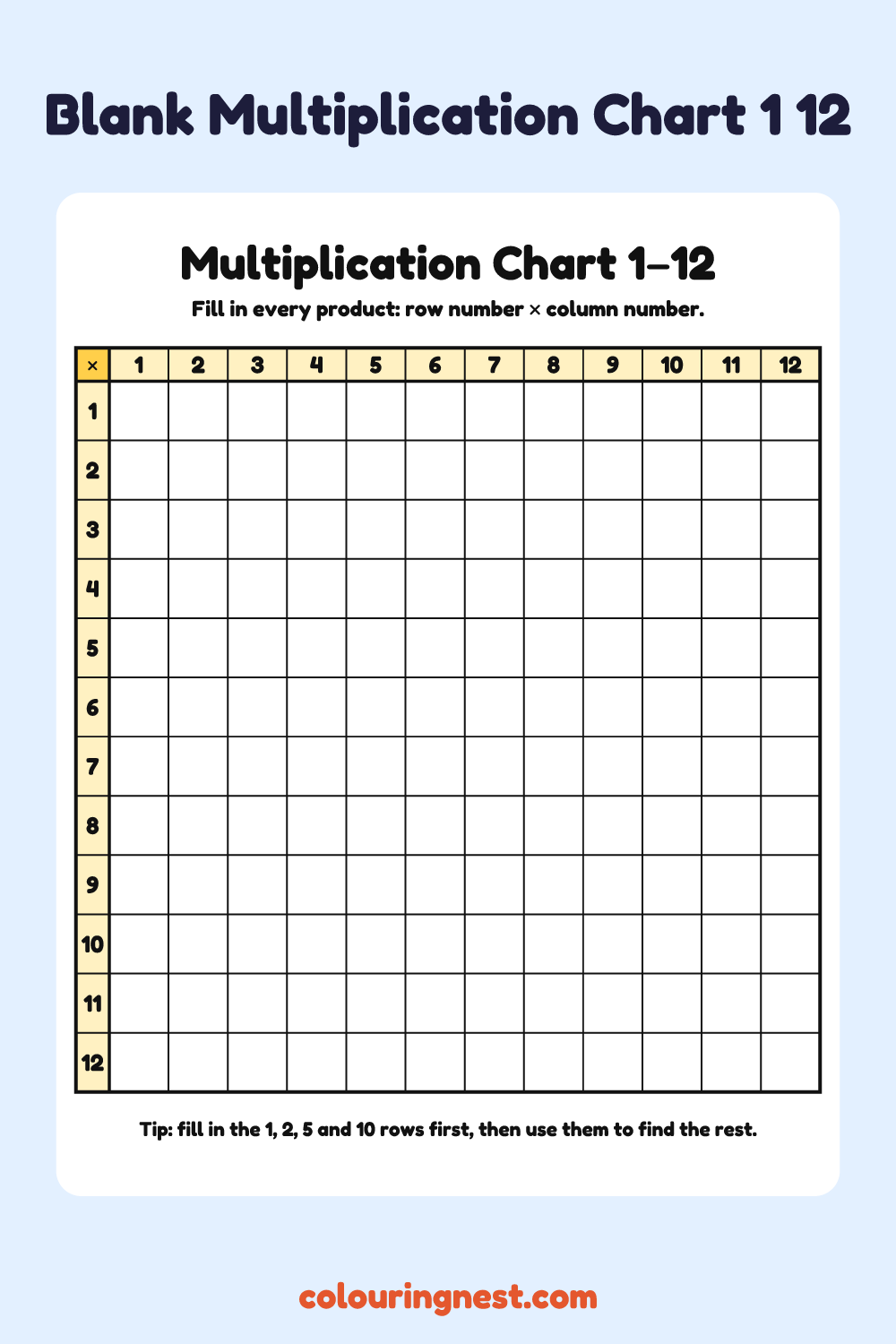 Blank Multiplication Chart 1–12: free printable maths worksheet from Colouring Nest
