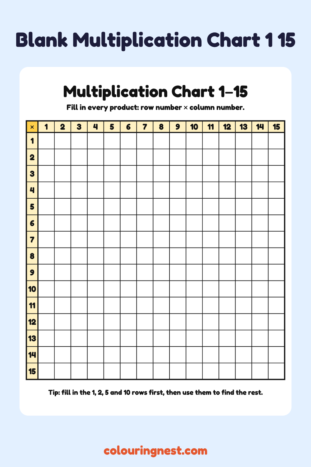 Blank Multiplication Chart 1–15: free printable maths worksheet from Colouring Nest