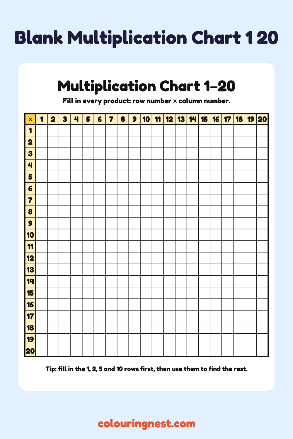 Blank Multiplication Chart 1–20: free printable maths worksheet from Colouring Nest
