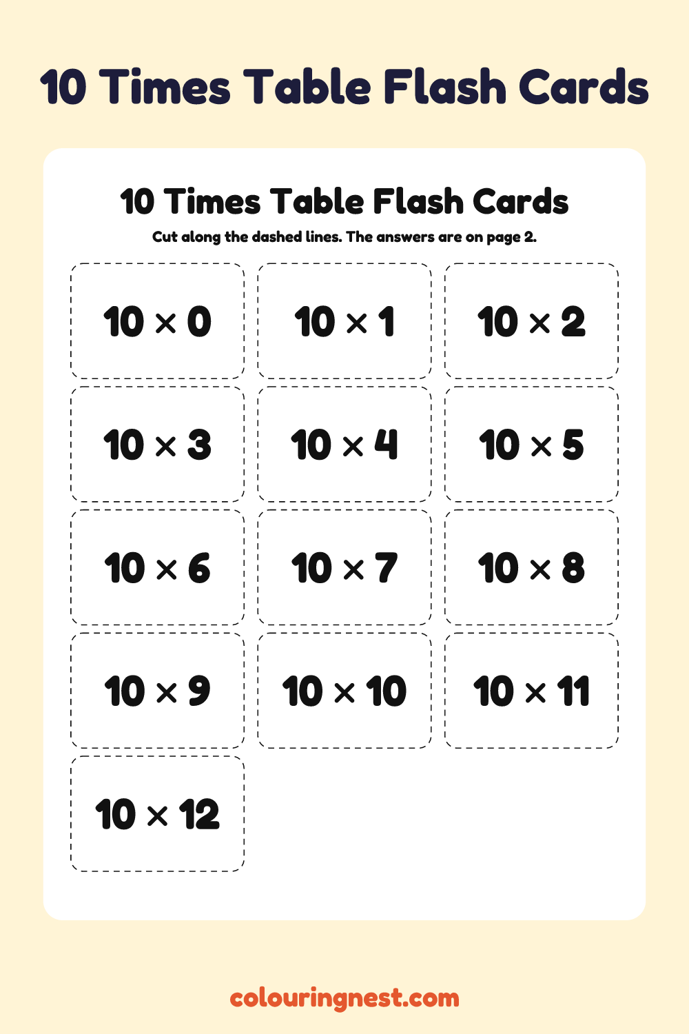10 Times Table Flash Cards: free printable maths worksheet from Colouring Nest