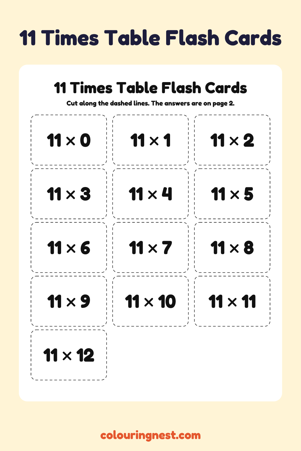 11 Times Table Flash Cards: free printable maths worksheet from Colouring Nest