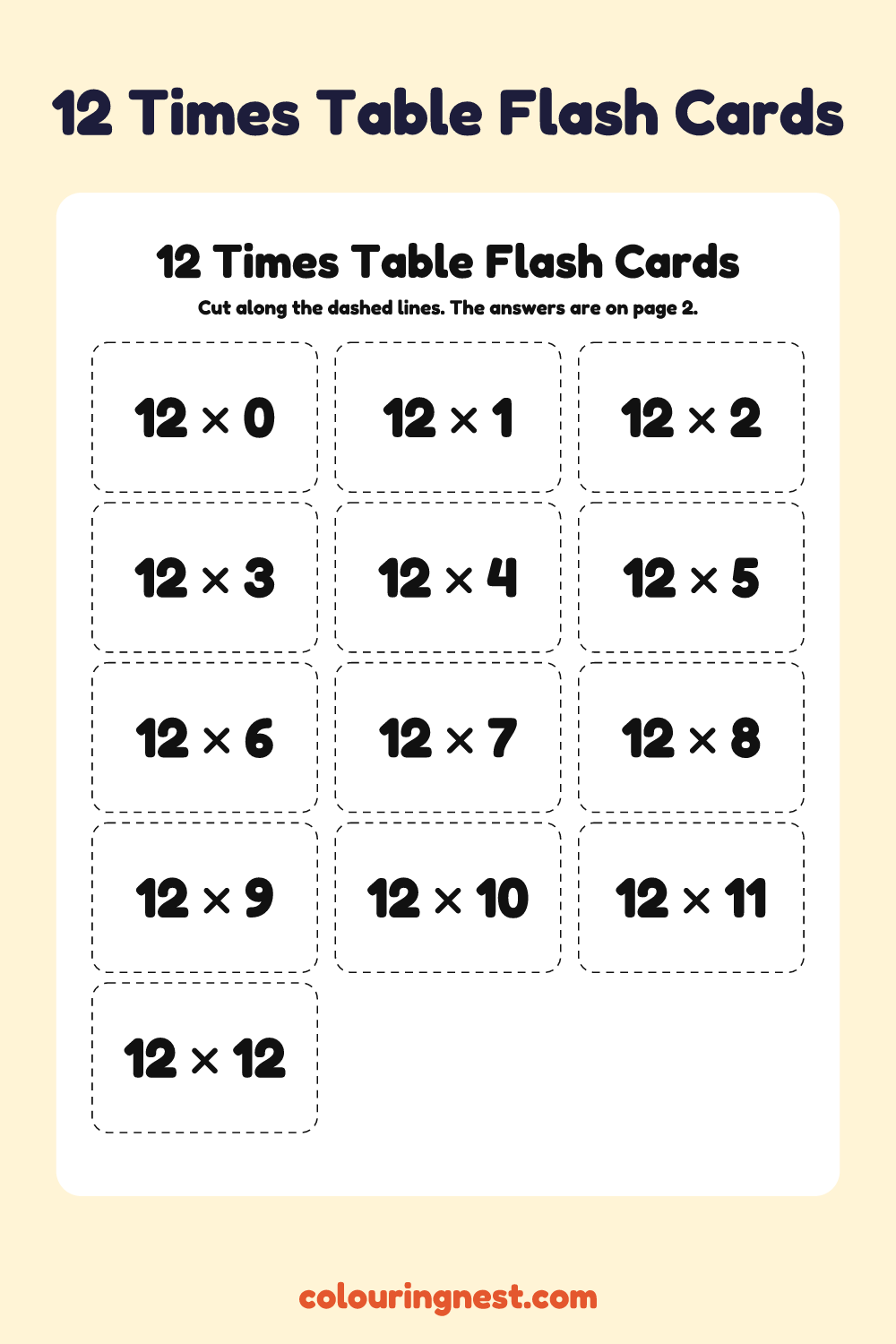 12 Times Table Flash Cards: free printable maths worksheet from Colouring Nest