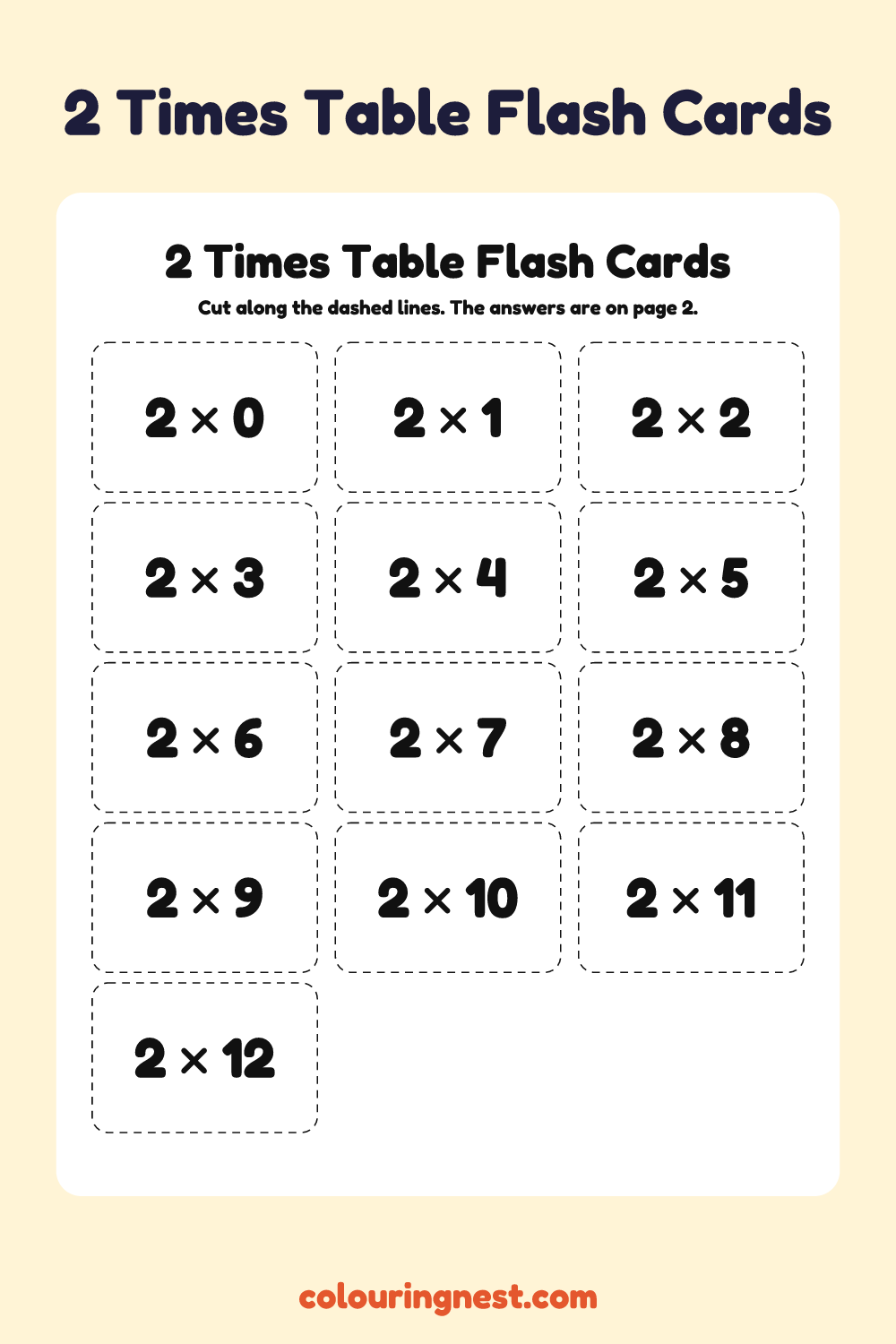 2 Times Table Flash Cards: free printable maths worksheet from Colouring Nest