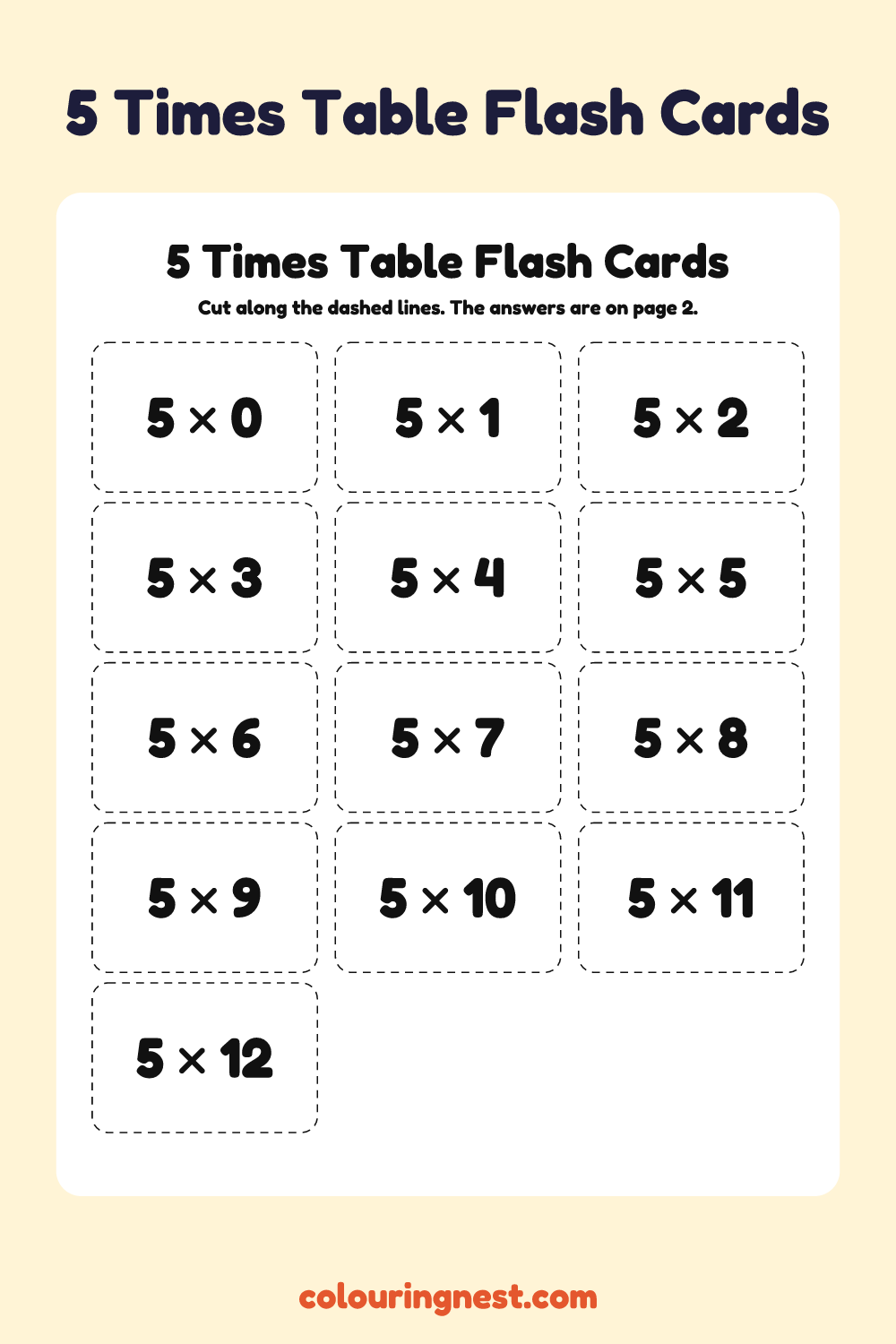 5 Times Table Flash Cards: free printable maths worksheet from Colouring Nest