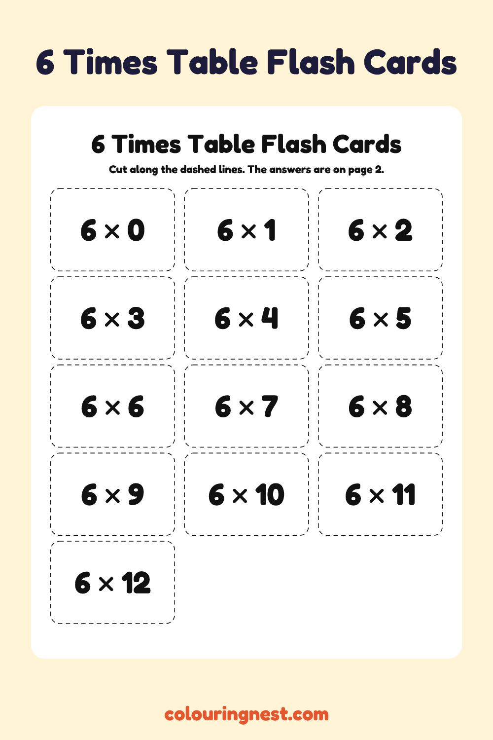 6 Times Table Flash Cards: free printable maths worksheet from Colouring Nest