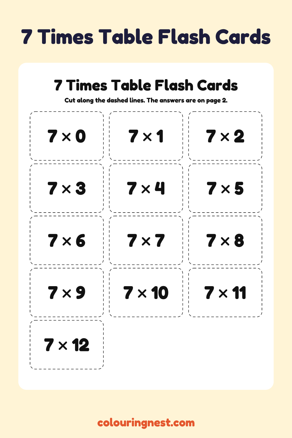 7 Times Table Flash Cards: free printable maths worksheet from Colouring Nest