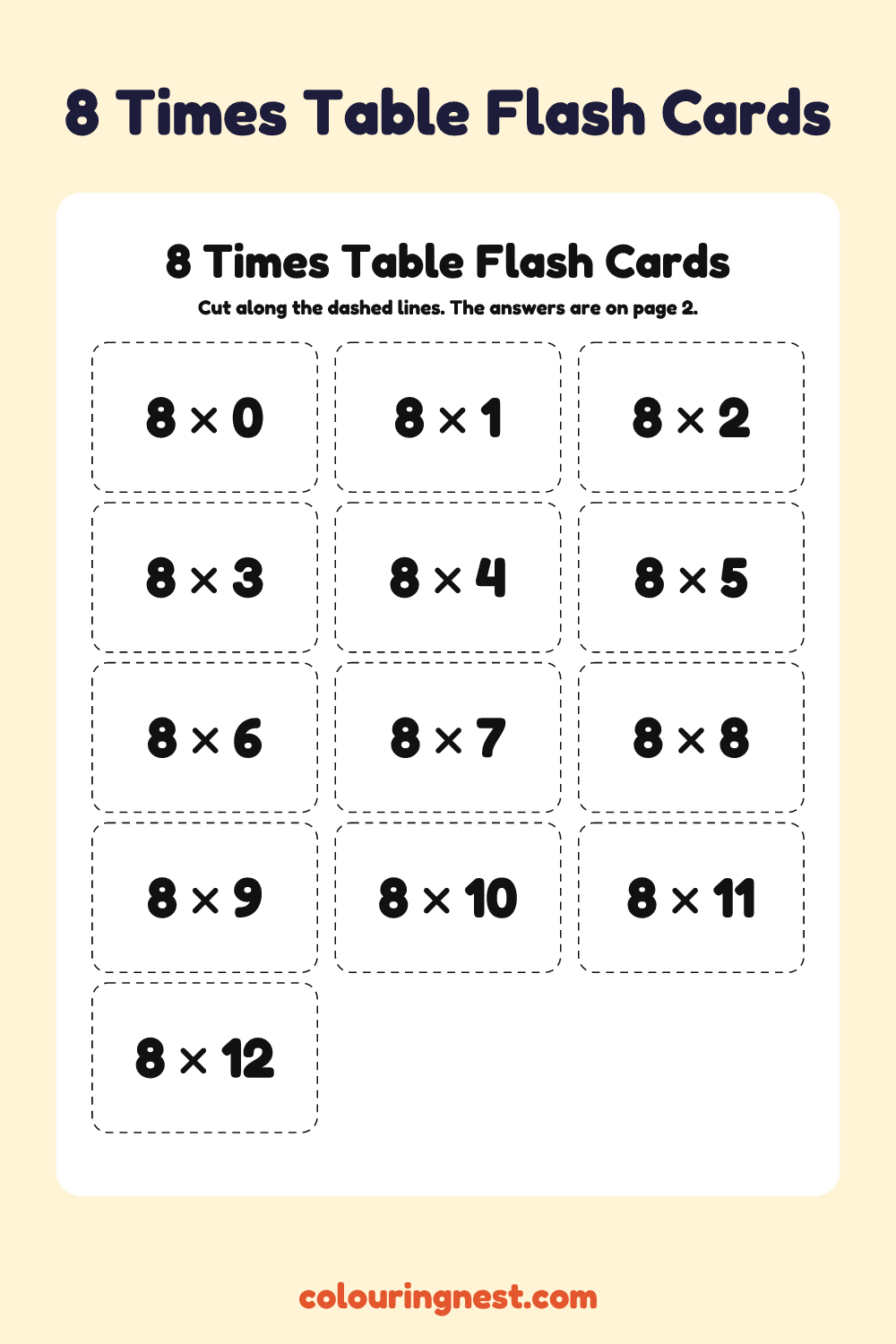 8 Times Table Flash Cards: free printable maths worksheet from Colouring Nest