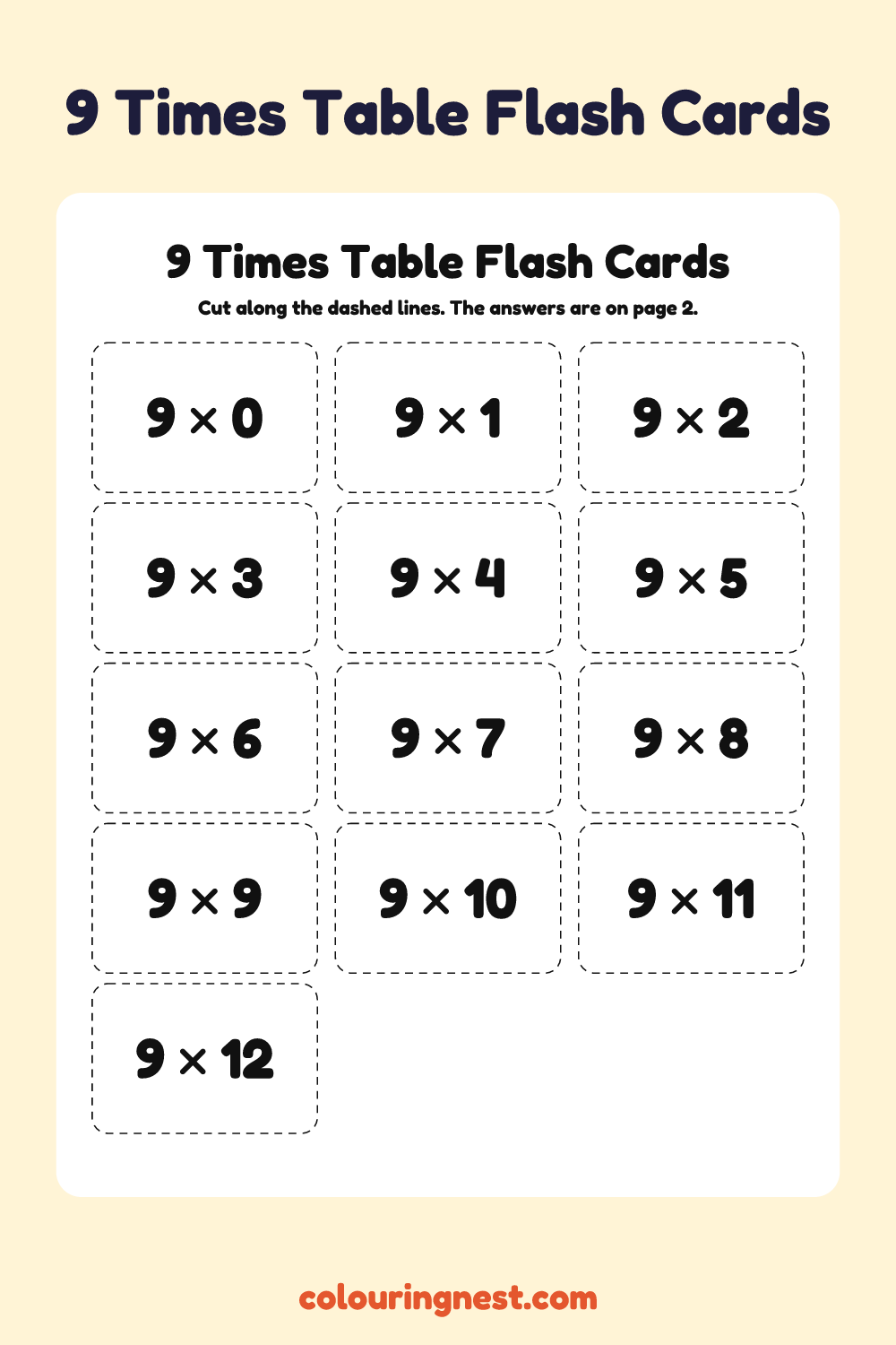 9 Times Table Flash Cards: free printable maths worksheet from Colouring Nest