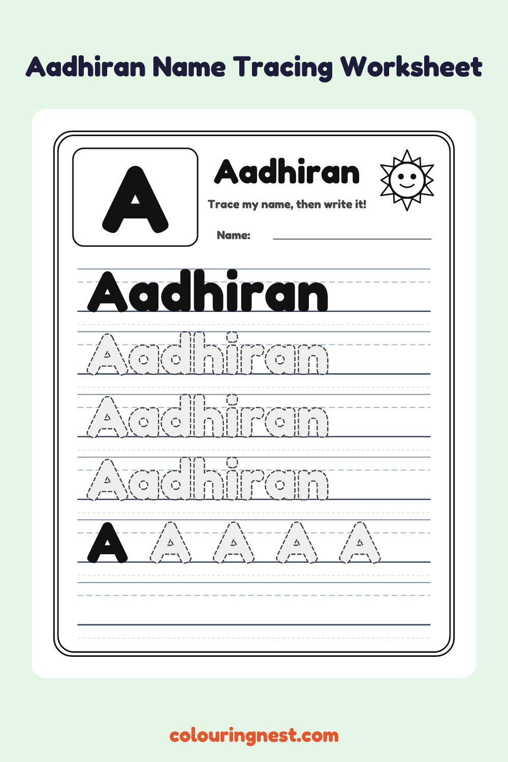 Aadhiran Name Tracing Worksheet: free printable black-and-white line art