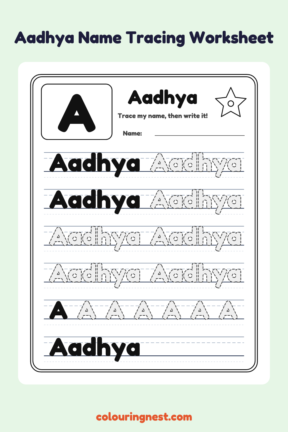 Aadhya Name Tracing Worksheet: free printable black-and-white line art