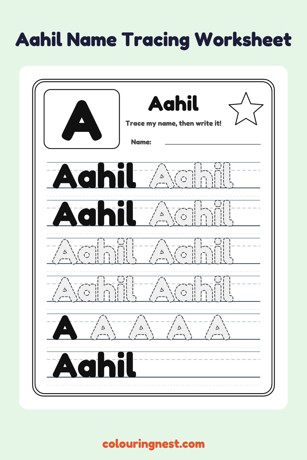Aahil Name Tracing Worksheet: free printable black-and-white line art
