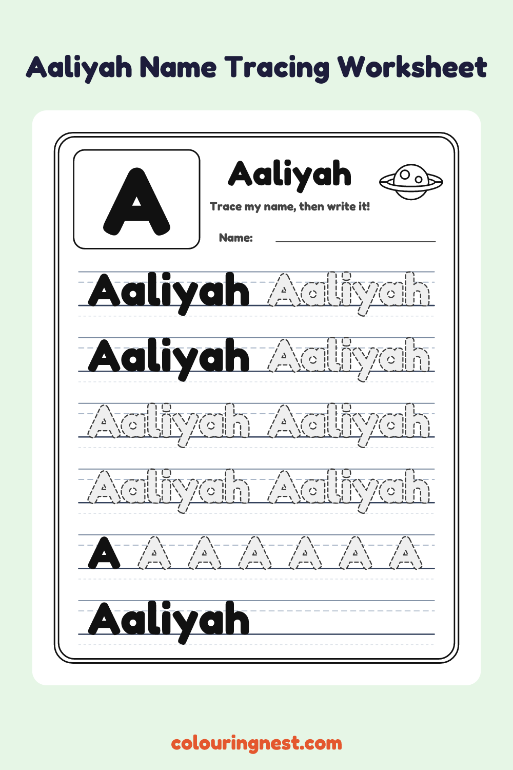 Aaliyah Name Tracing Worksheet: free printable black-and-white line art