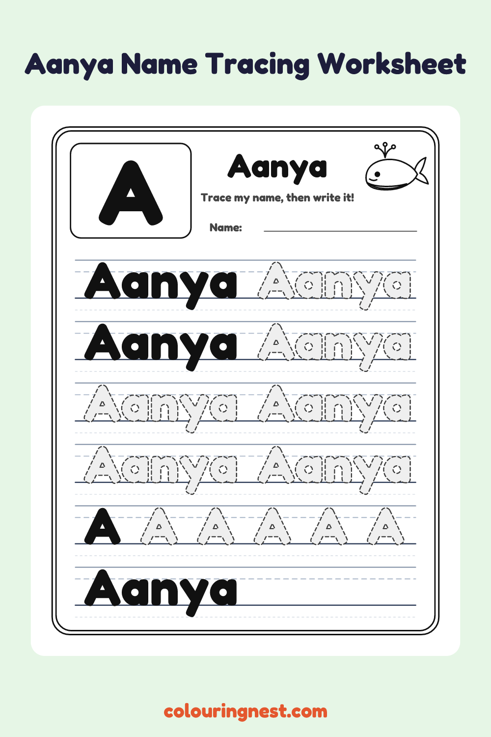 Aanya Name Tracing Worksheet: free printable black-and-white line art