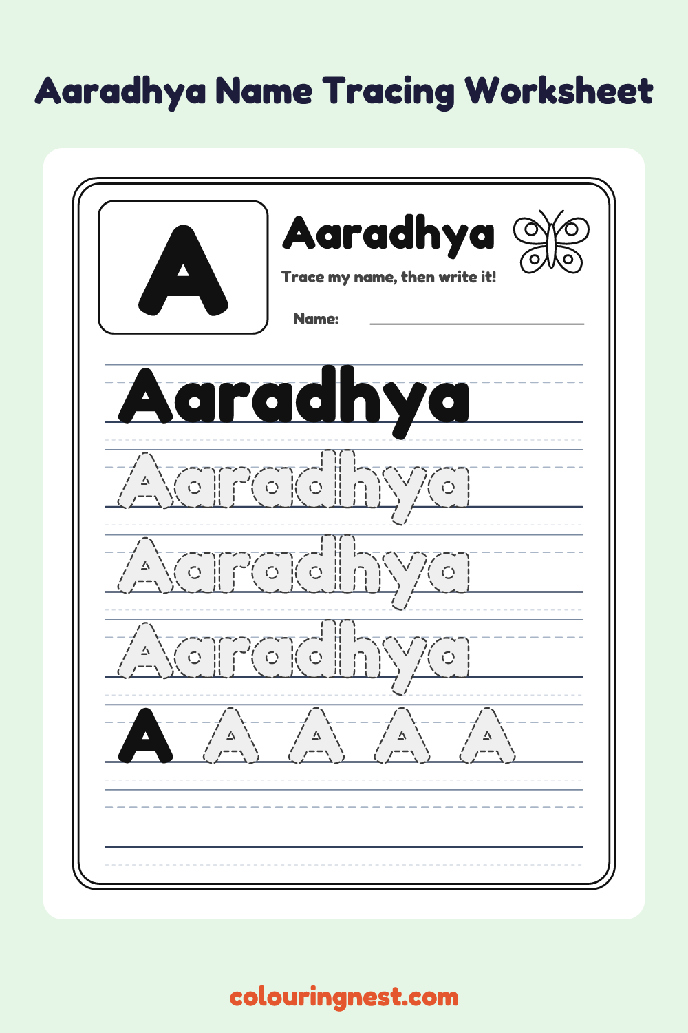 Aaradhya Name Tracing Worksheet: free printable black-and-white line art