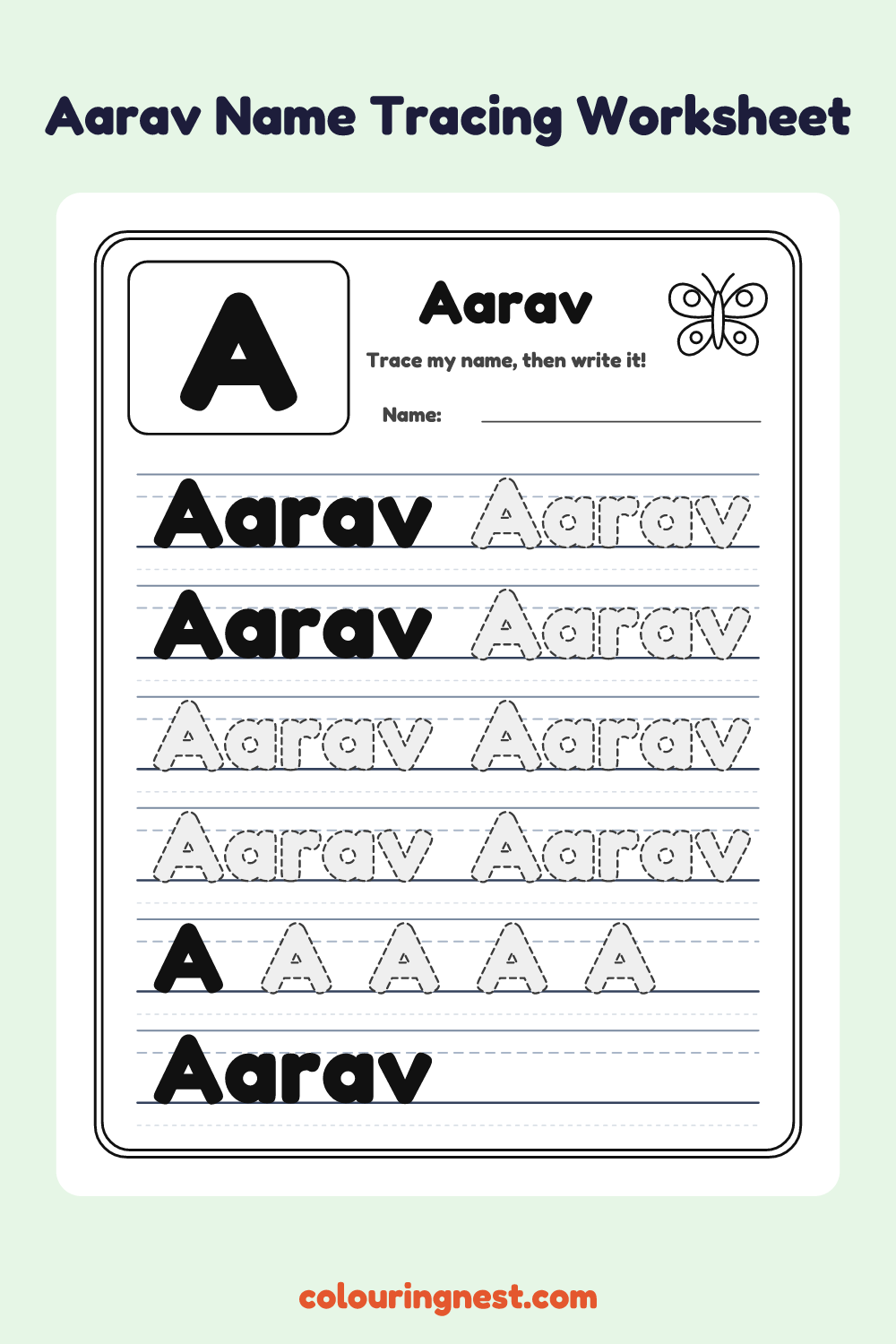 Aarav Name Tracing Worksheet: free printable black-and-white line art