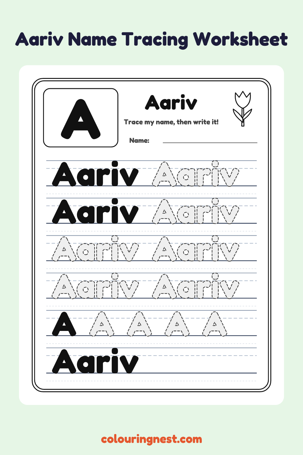 Aariv Name Tracing Worksheet: free printable black-and-white line art