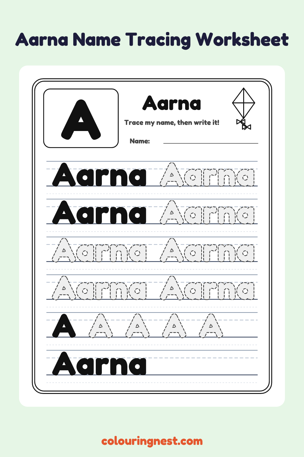 Aarna Name Tracing Worksheet: free printable black-and-white line art