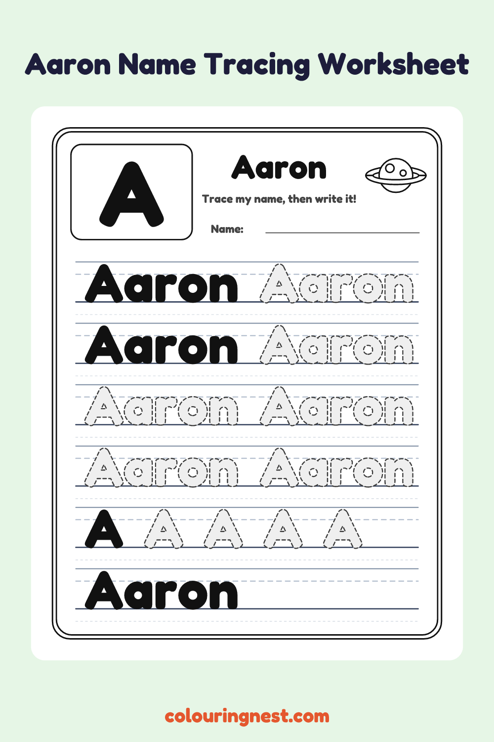 Aaron Name Tracing Worksheet: free printable black-and-white line art