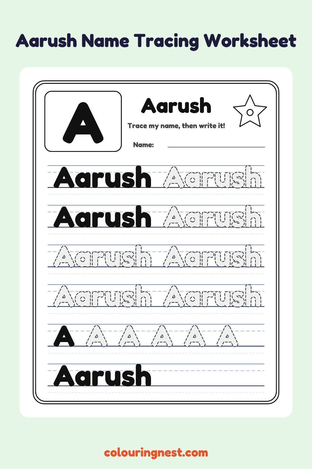 Aarush Name Tracing Worksheet: free printable black-and-white line art