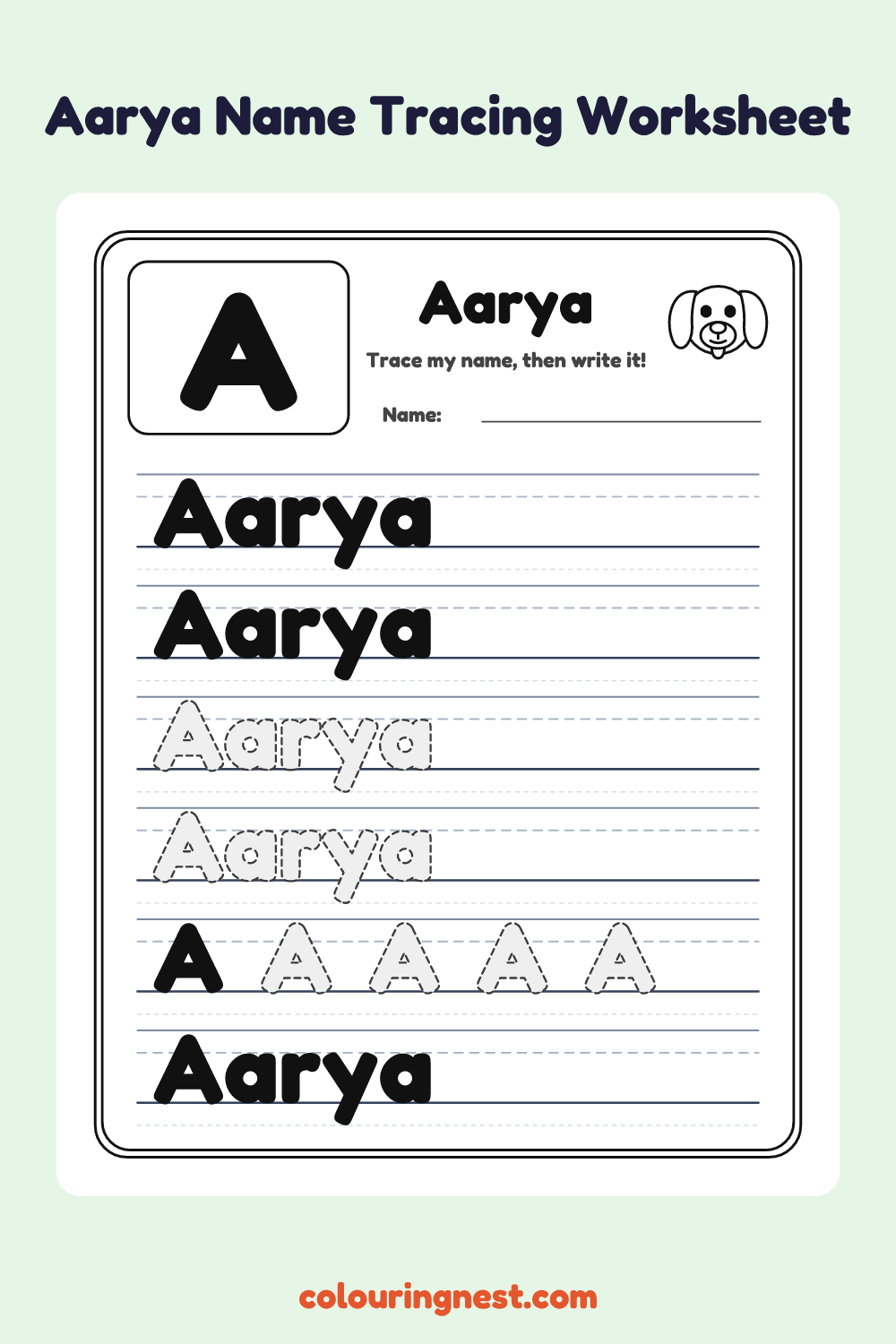 Aarya Name Tracing Worksheet: free printable black-and-white line art