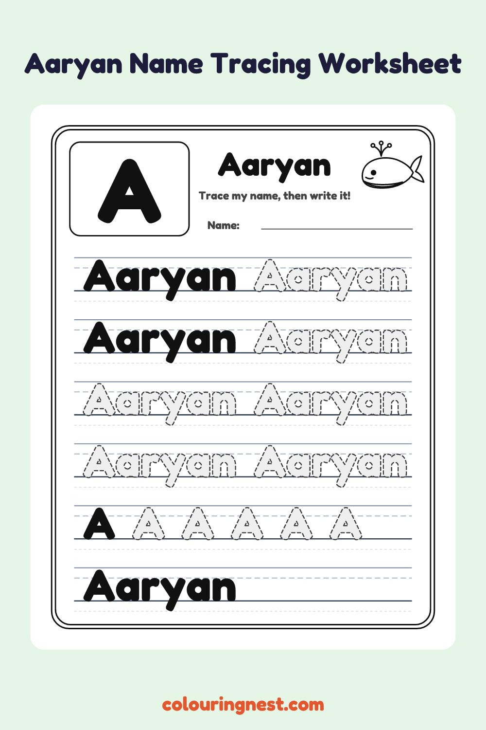Aaryan Name Tracing Worksheet: free printable black-and-white line art