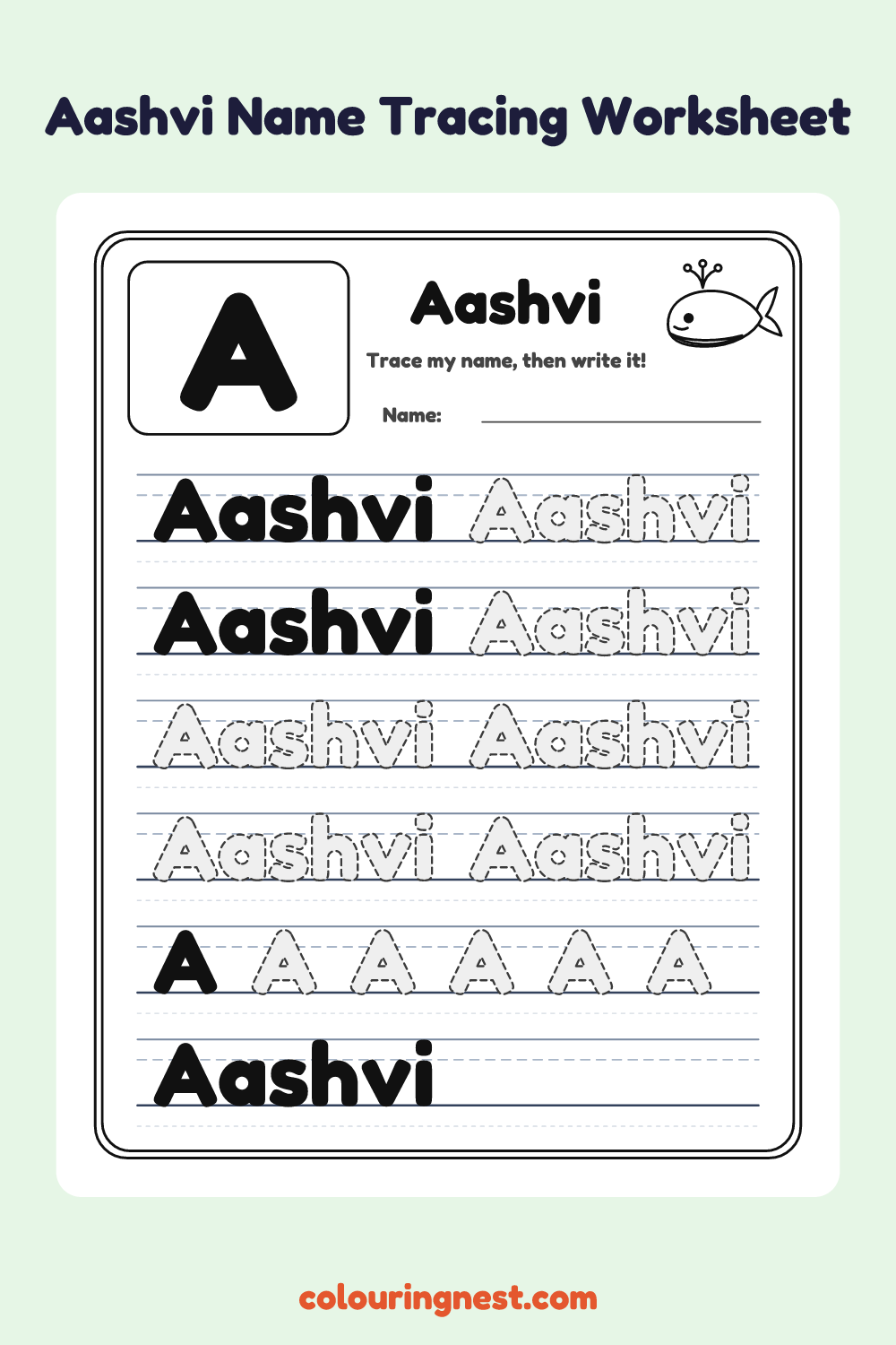Aashvi Name Tracing Worksheet: free printable black-and-white line art