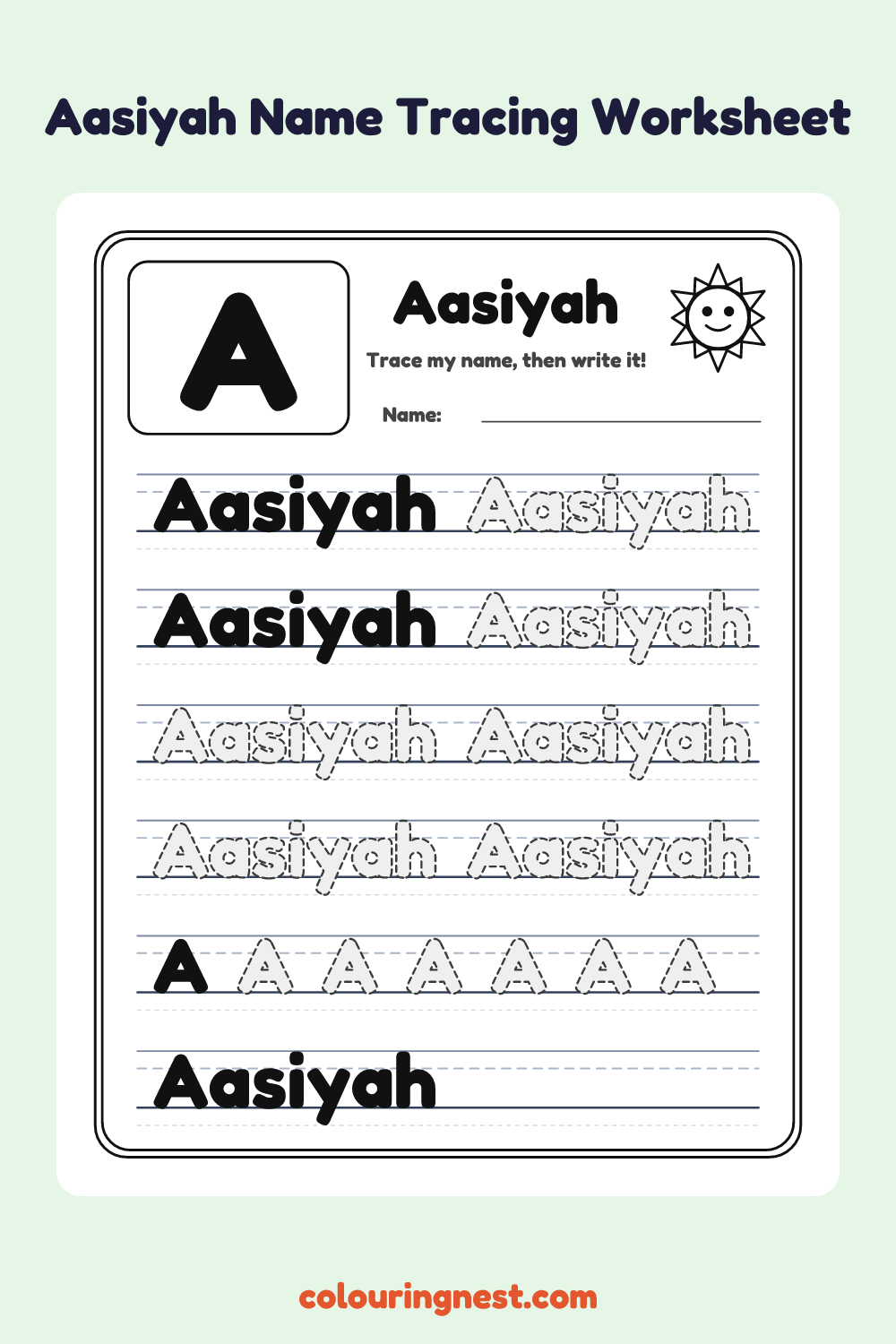 Aasiyah Name Tracing Worksheet: free printable black-and-white line art