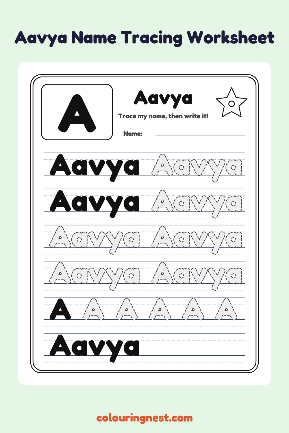 Aavya Name Tracing Worksheet: free printable black-and-white line art