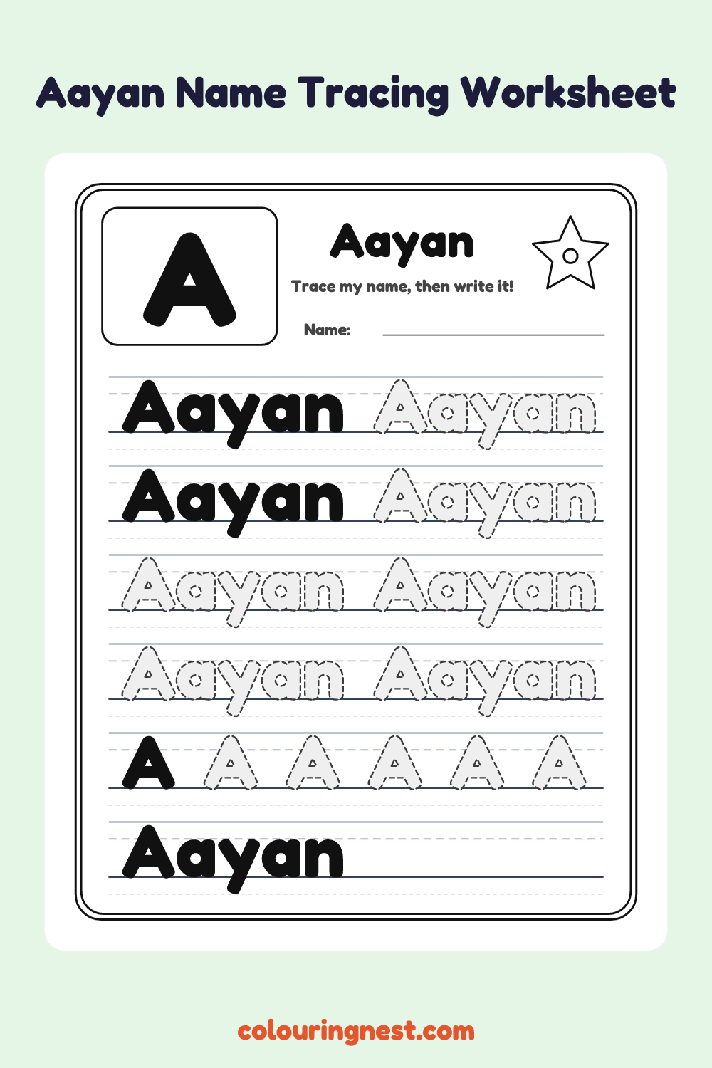 Aayan Name Tracing Worksheet: free printable black-and-white line art