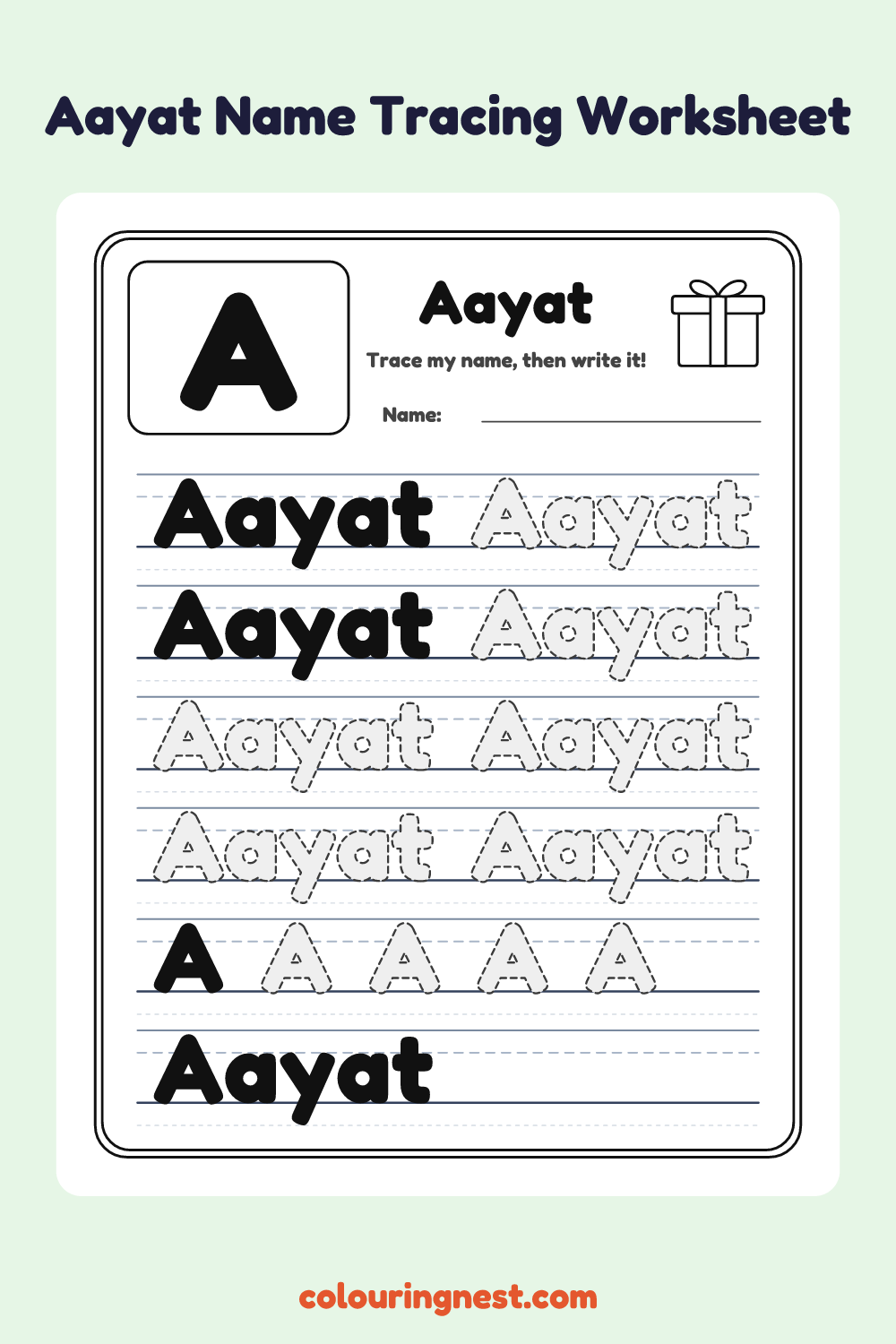 Aayat Name Tracing Worksheet: free printable black-and-white line art