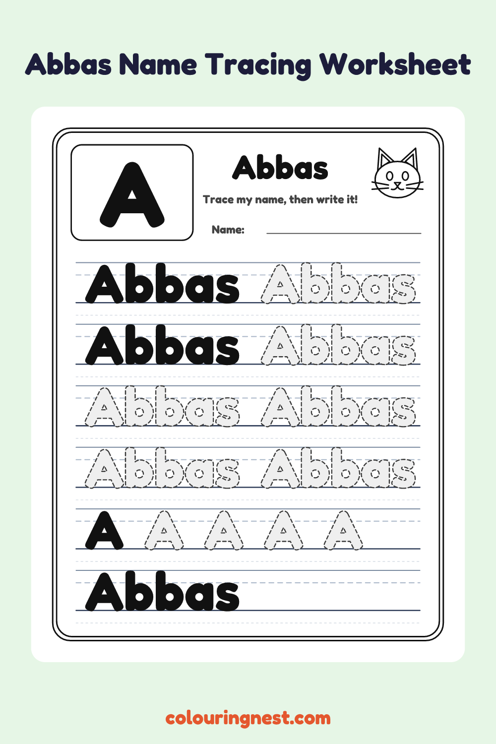 Abbas Name Tracing Worksheet: free printable black-and-white line art