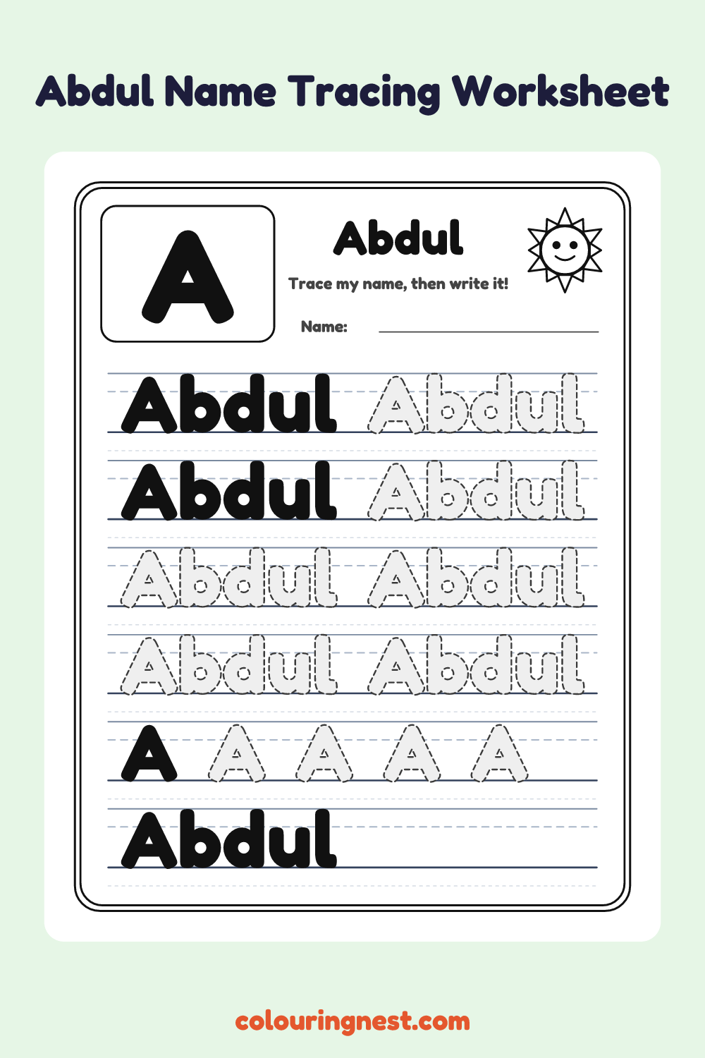 Abdul Name Tracing Worksheet: free printable black-and-white line art