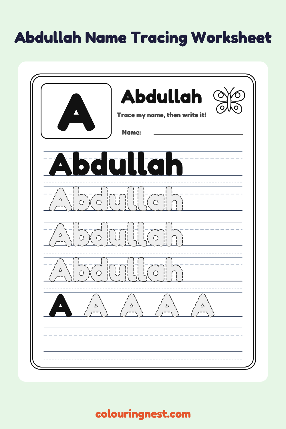 Abdullah Name Tracing Worksheet: free printable black-and-white line art