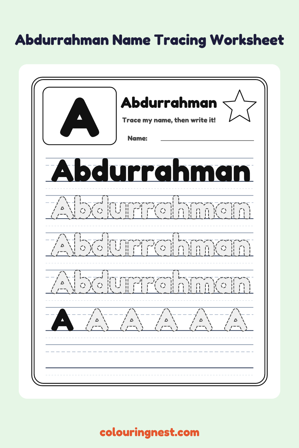 Abdurrahman Name Tracing Worksheet: free printable black-and-white line art