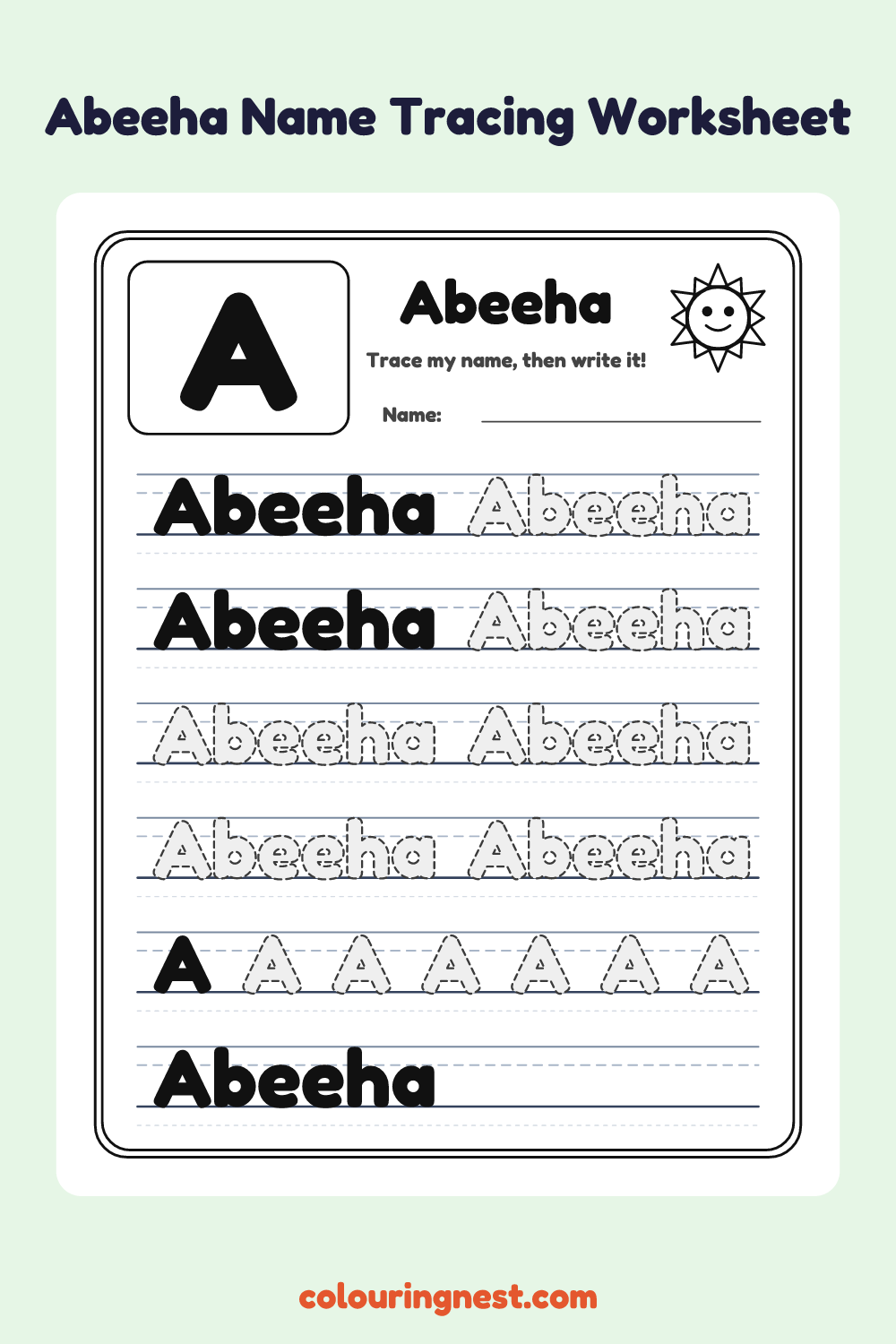Abeeha Name Tracing Worksheet: free printable black-and-white line art