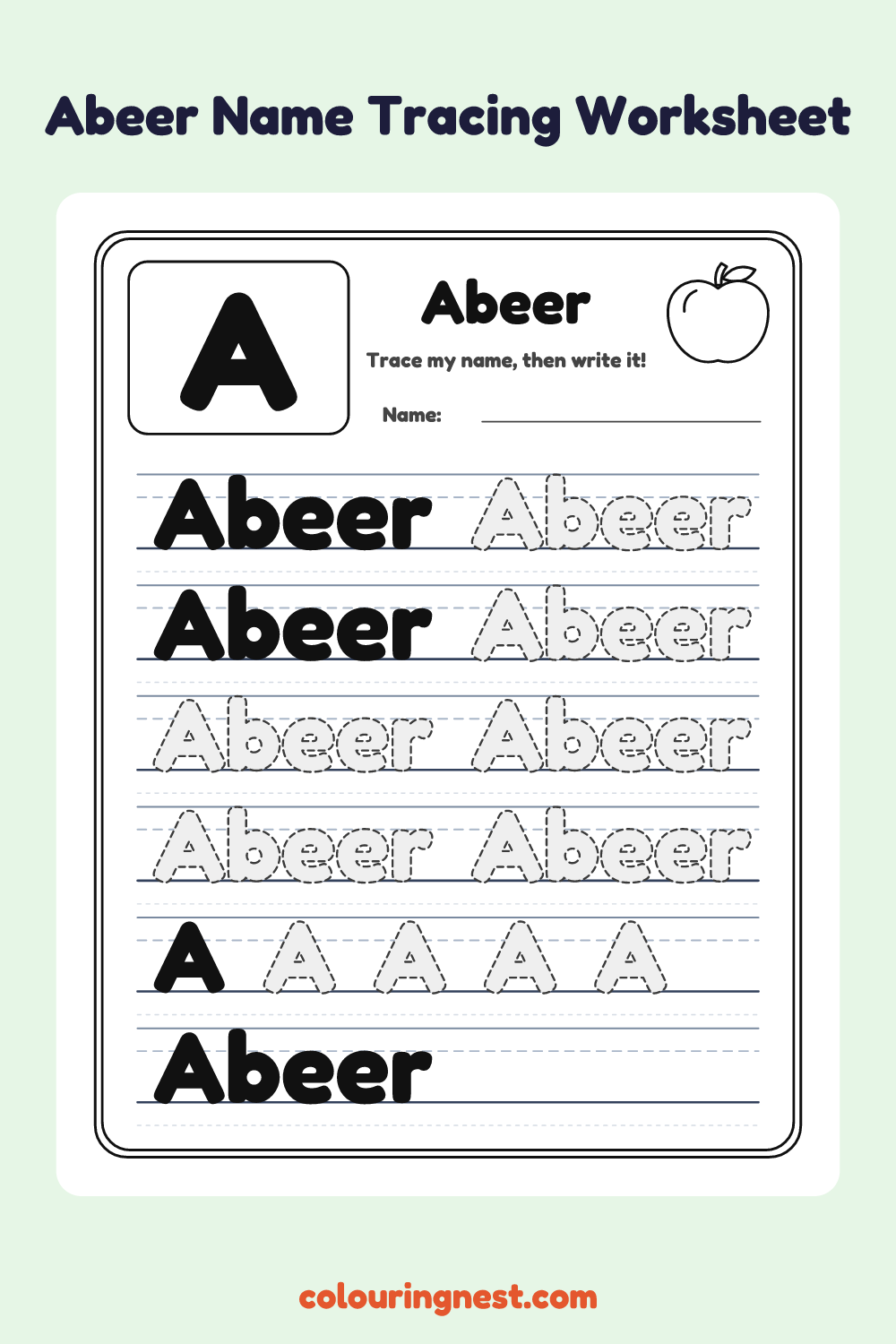Abeer Name Tracing Worksheet: free printable black-and-white line art