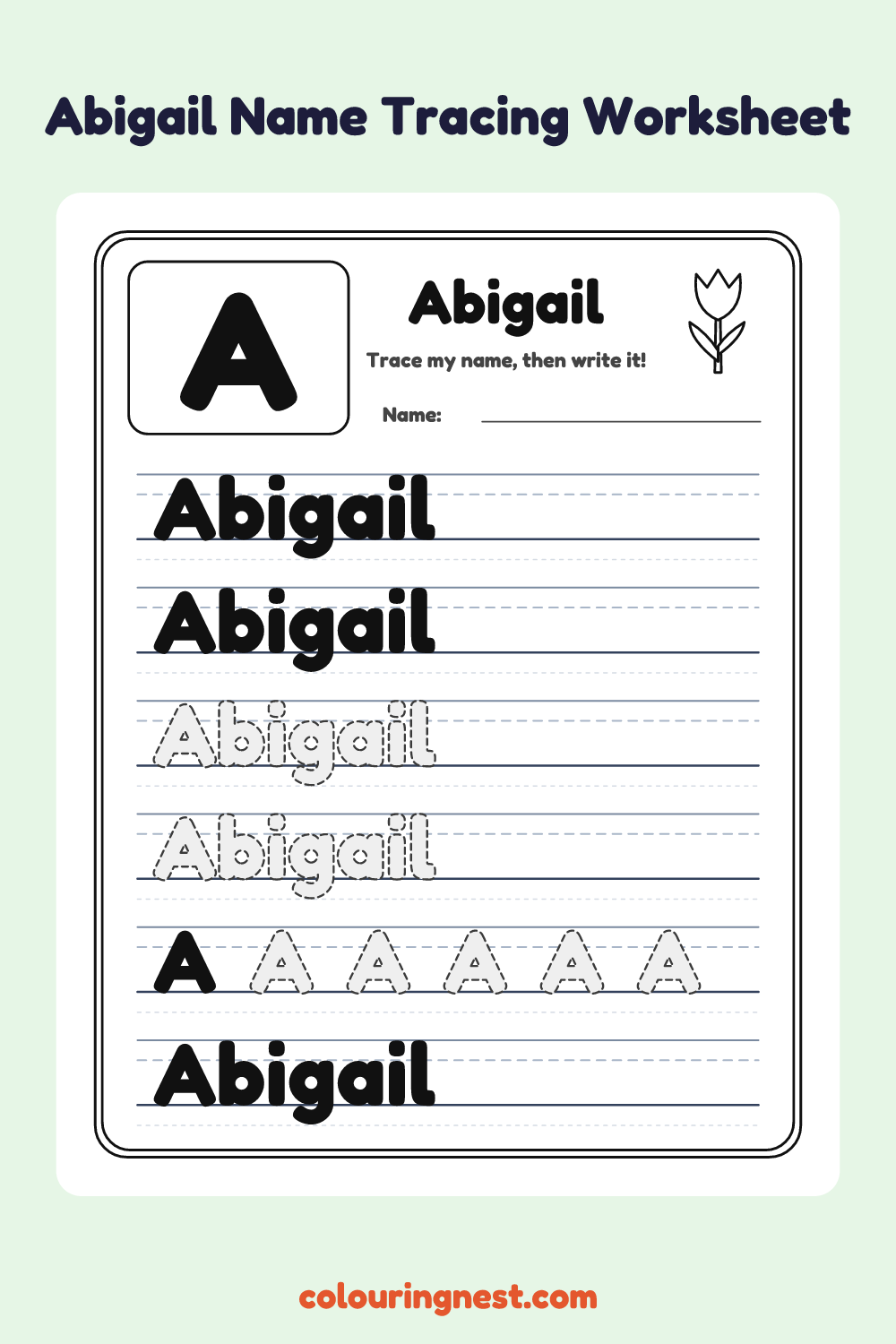 Abigail Name Tracing Worksheet: free printable black-and-white line art