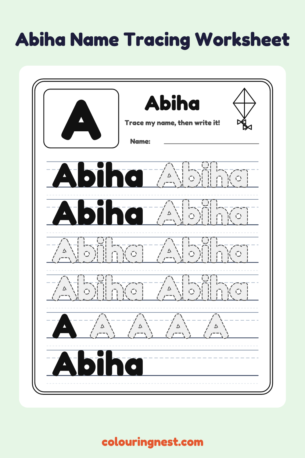 Abiha Name Tracing Worksheet: free printable black-and-white line art