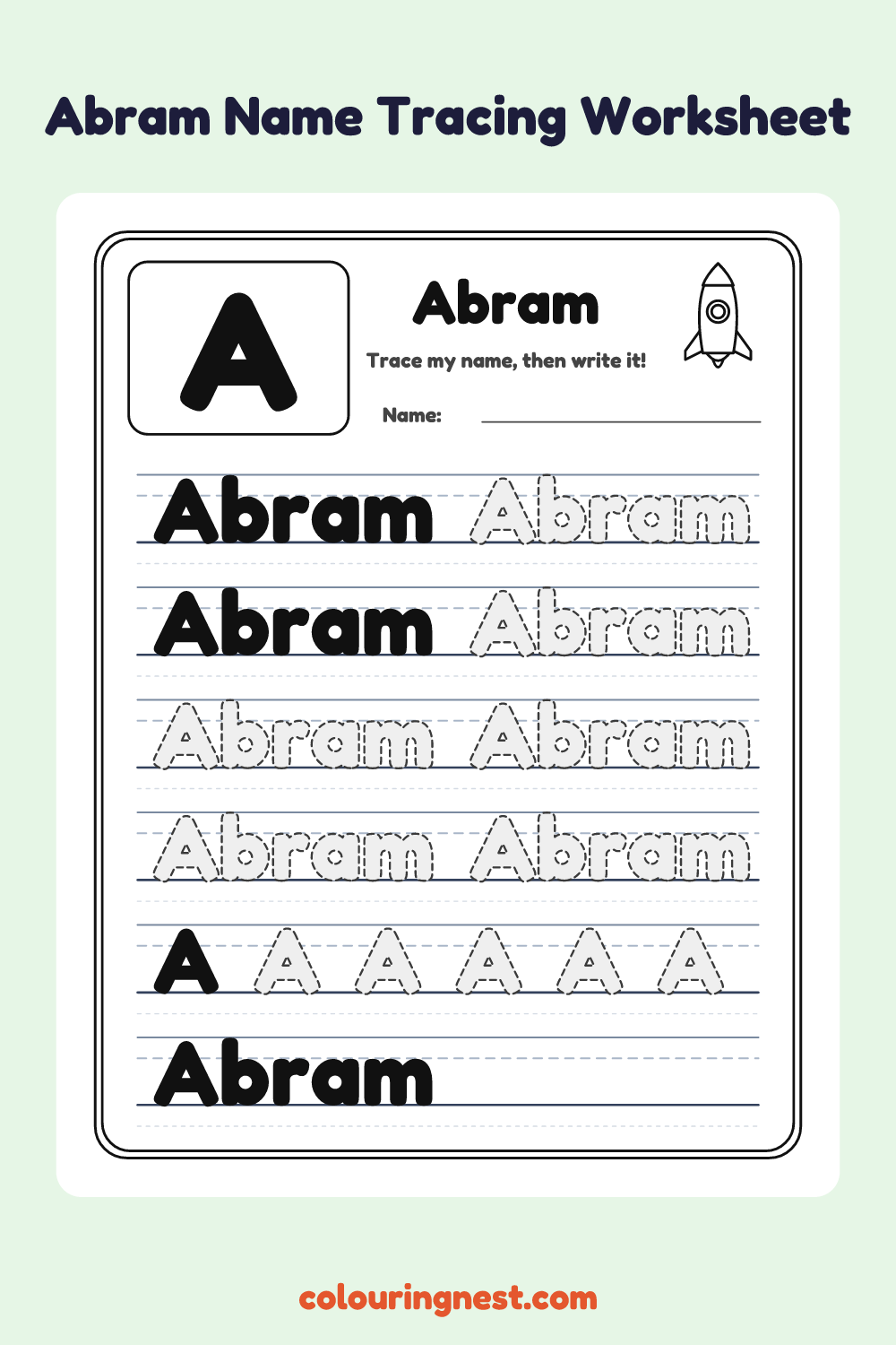 Abram Name Tracing Worksheet: free printable black-and-white line art