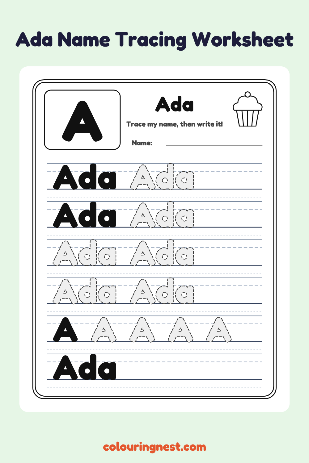 Ada Name Tracing Worksheet: free printable black-and-white line art