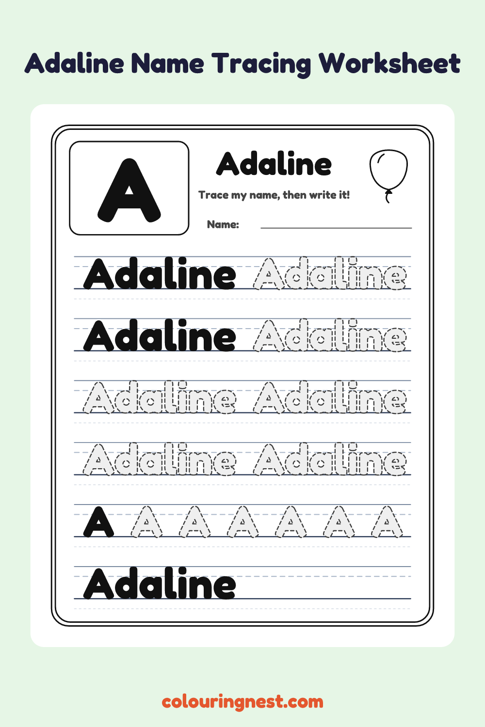 Adaline Name Tracing Worksheet: free printable black-and-white line art