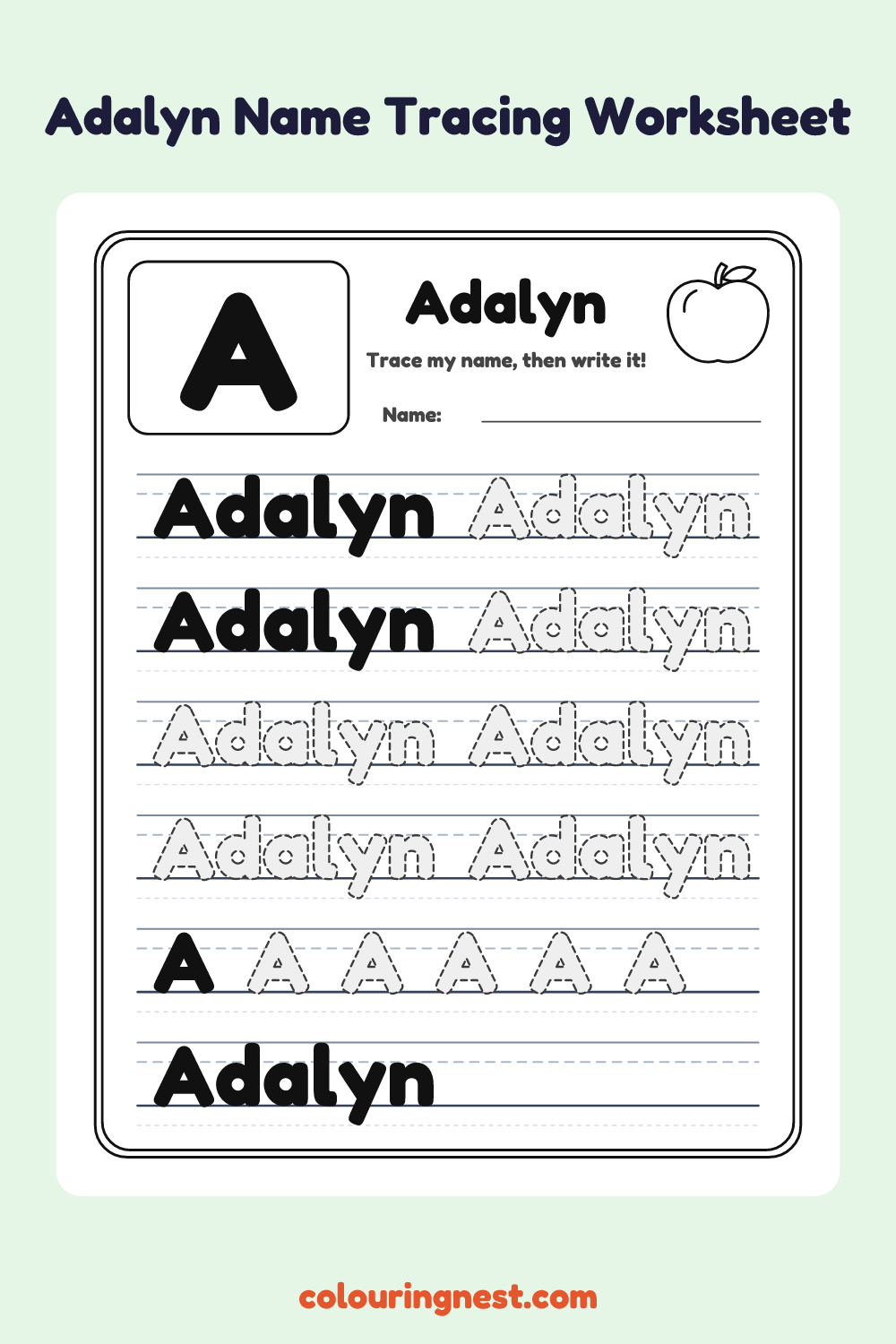Adalyn Name Tracing Worksheet: free printable black-and-white line art