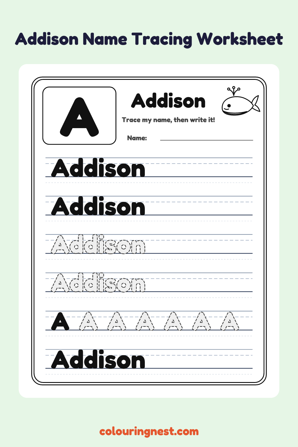 Addison Name Tracing Worksheet: free printable black-and-white line art