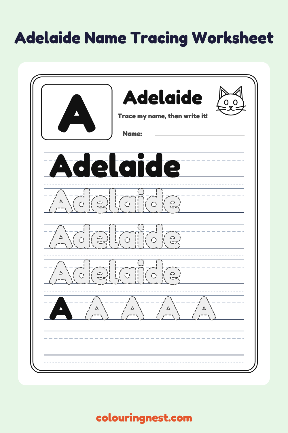 Adelaide Name Tracing Worksheet: free printable black-and-white line art